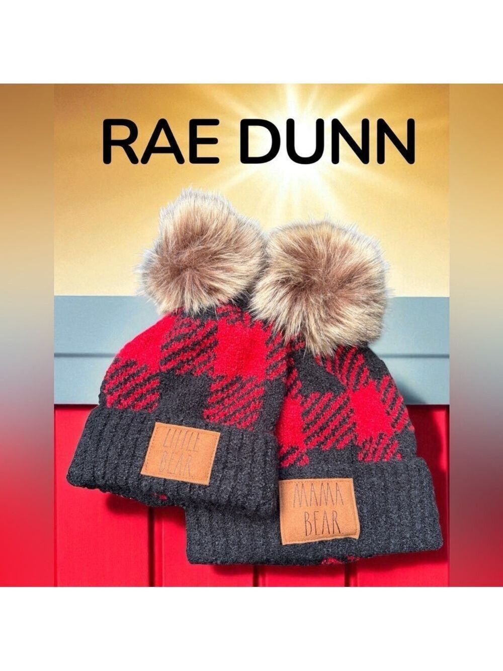 RAE DUNN-NWOT set of 2 beanies (Mama Bear & Little Bear) red/black faux fur. New